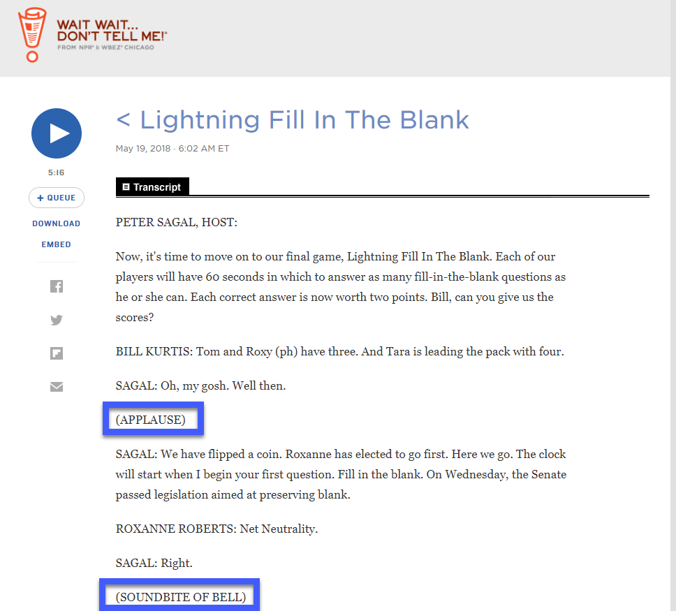 NPR transcript with "(APPLAISE)" and "(SOUNDBITE OF BELL)" highlighted