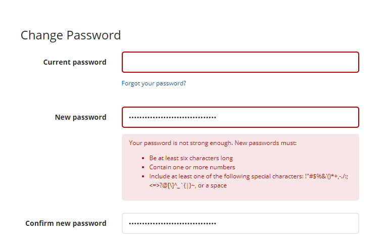 Change Password dialog showing an Error that explains the password is not strong enough