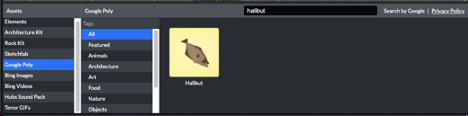 Spoke UI search of Google Poly assets showing finding the halibut fish