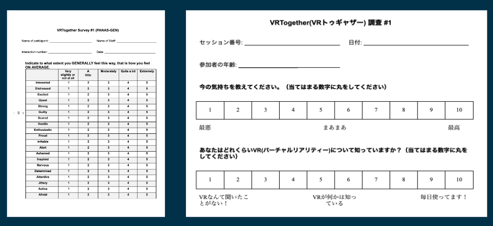 Screenshot of an English document on the left with a list of questions and the scale. On the right are two questions translated into Japanese.