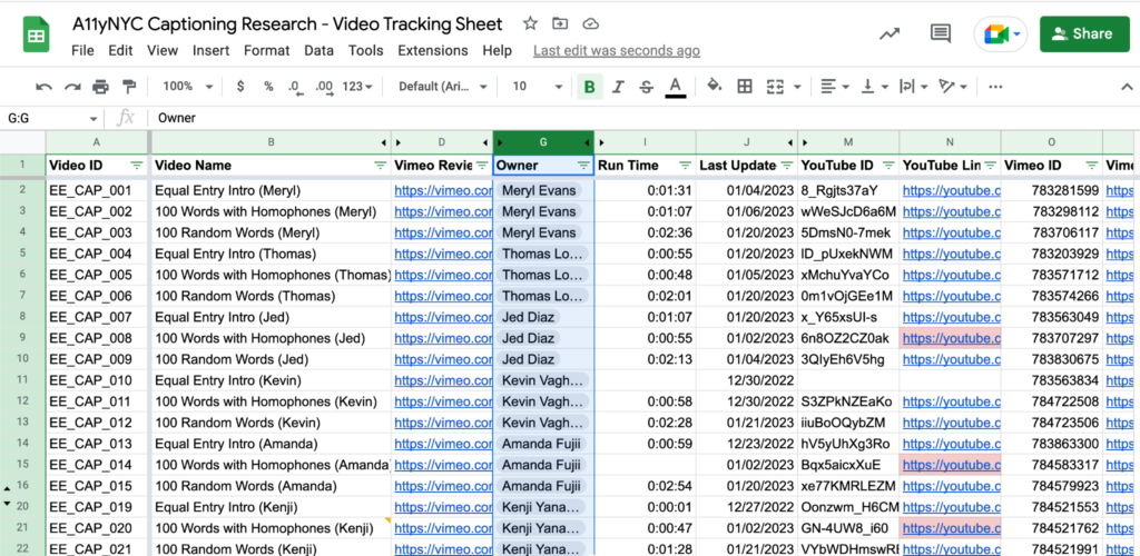 Google Sheet tracking all the created videos, links, owner, run time, and updates.