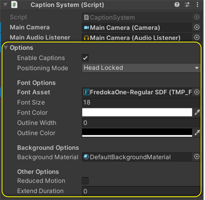 Unity's inspector panel for the CaptionSystem script, showing the common options that are available for all positioning modes within the caption system.