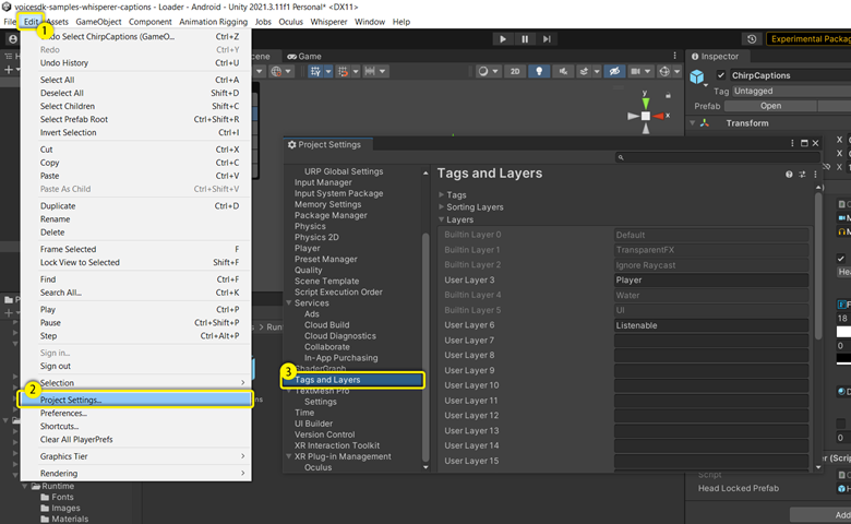 Screenshot showing the steps to open the Tags and Layers window in Unity. Step 1 is select "Edit" in the Unity Editor application's menu bar. Step 2 is to select "Project Settings...". Step 3 is to select tab called "Tags and Layers" within the Project Settings window.
