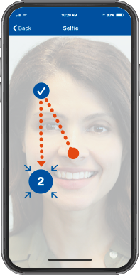 Phone with a person's face taking a selfie showing red dots from the big red dot to a blue check mark. Then another set of dots from the blue check mark to point 2.