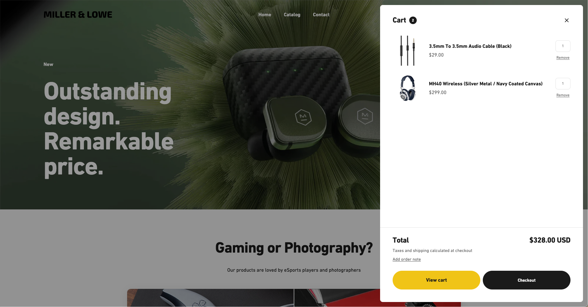 Dynamic retail site made with Shopify displays headphones and an audio cable in a shopping cart.