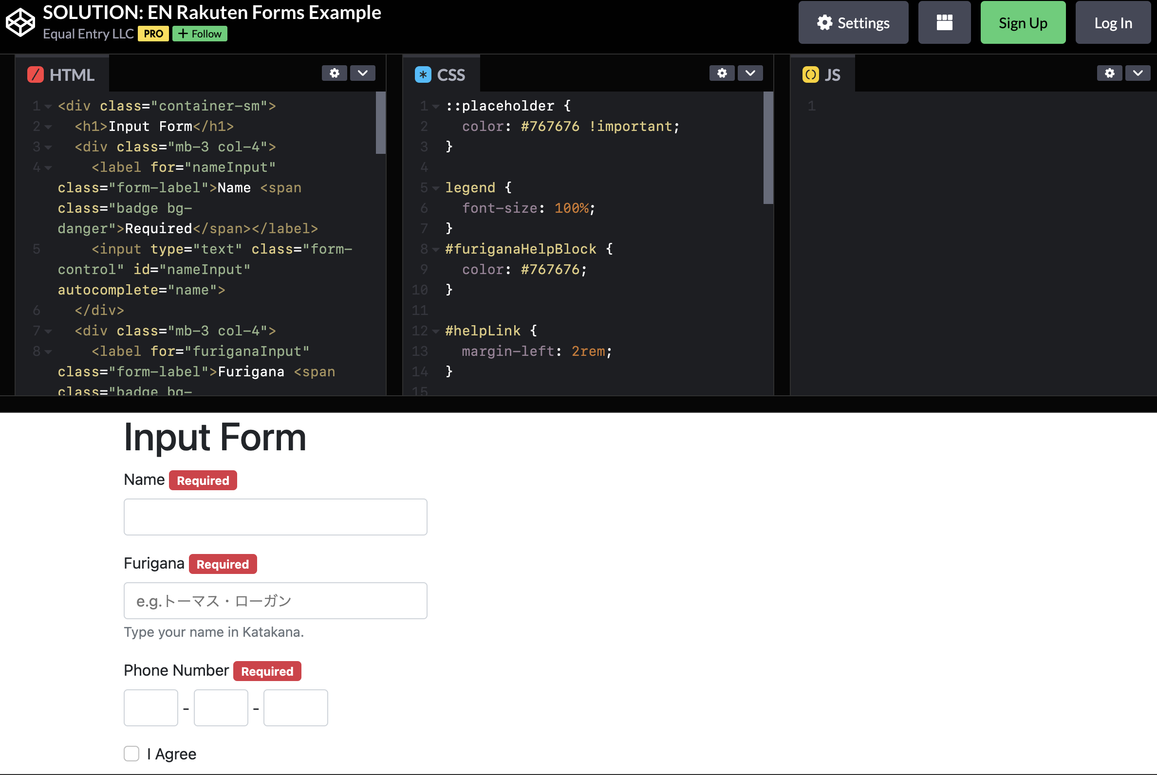 A screenshot of codepen.io showing an example input form and its HTML and CSS
