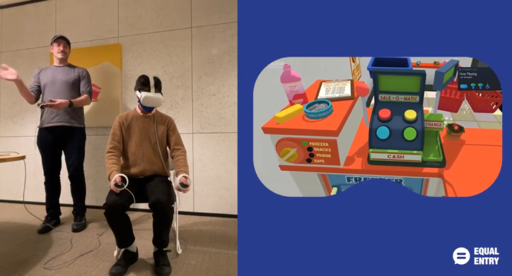 Demonstration of Job Simulator VR title adapted with WalkInVR. Thomas Logan using XBOX controller to assist Kenji Yanagawa wearing headset
