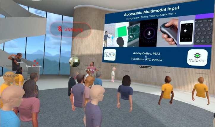 An Accessibility Virtual Reality Meetup inside of Spatial with a large number of people in attendance as virtual avatars