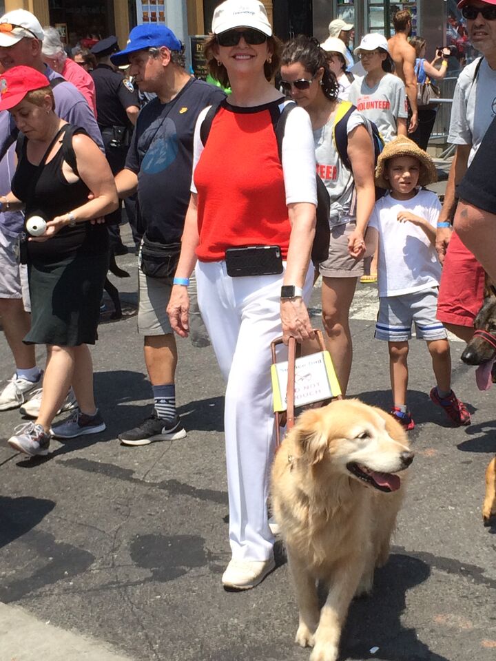 A woman and her service dog march in the parade.