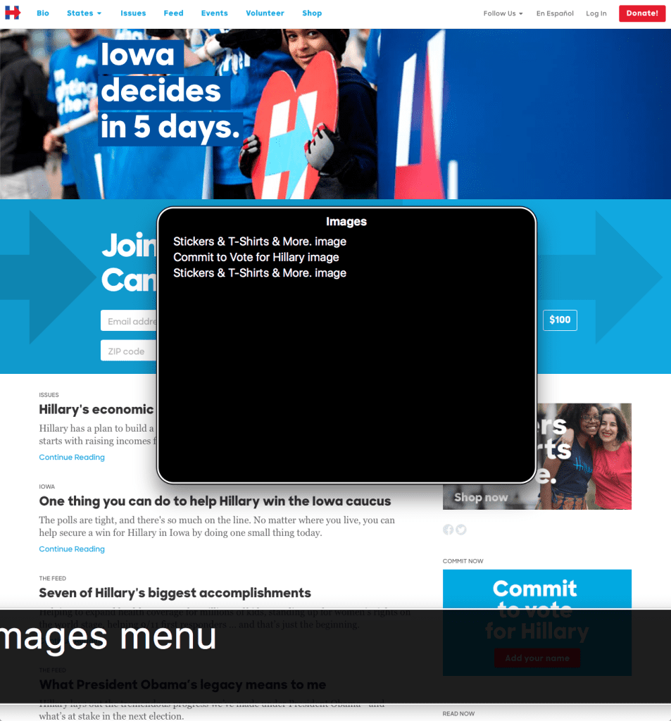 Screenshot of Clinton's website