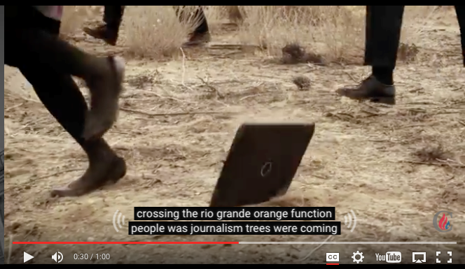 Screenshot of captions that say "crossing the rio grande orange function people was journalism trees were coming"