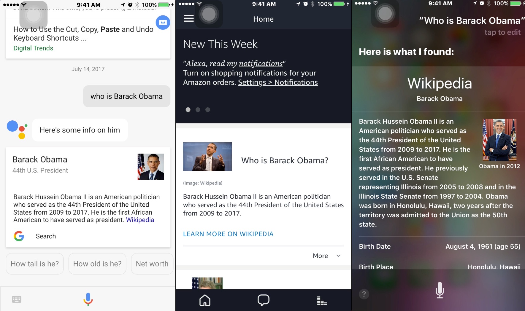 Three screenshots of mobile assistants being asked "Who is Barack Obama?" appear beside each other