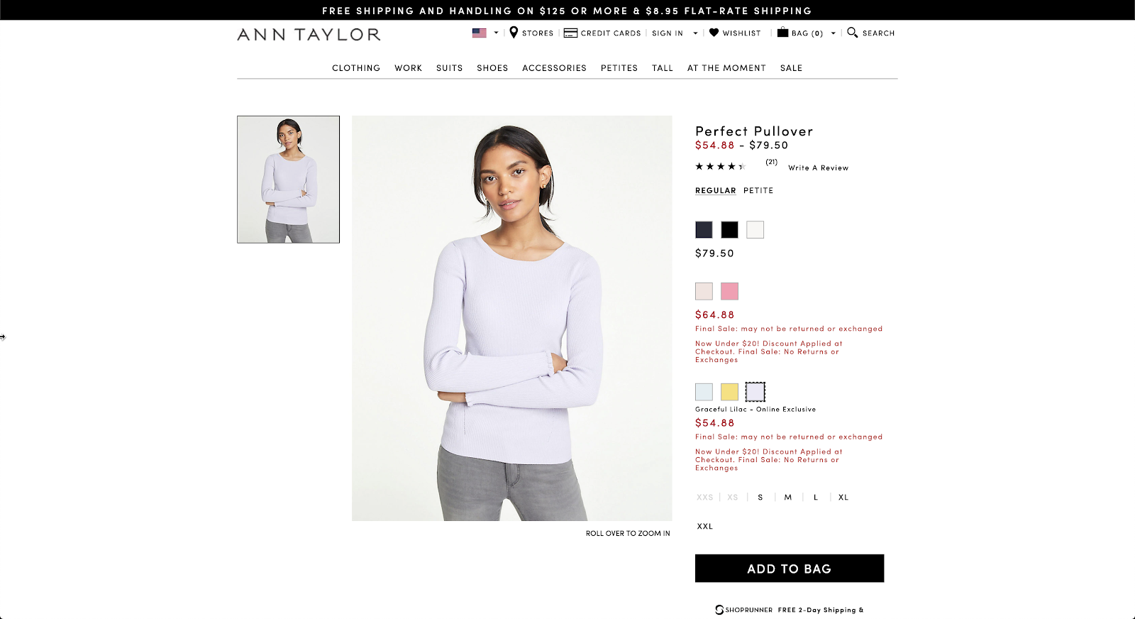 Shopping page for Ann Taylor Perfect Pullover in a faint lilac color