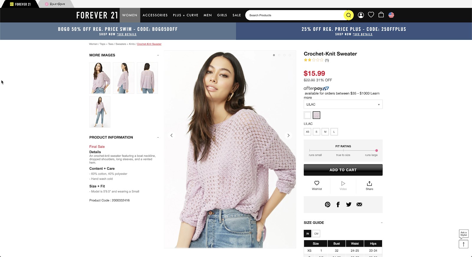Shopping page for Forever 21's transparent crochet knit sweater in light pink