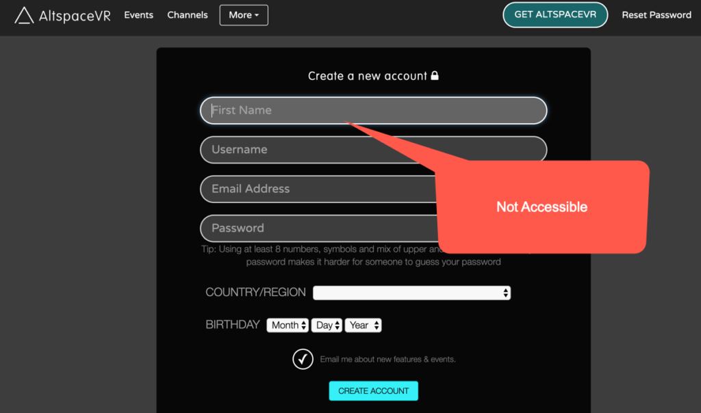 Inaccessible Login Form on AltSpace VR