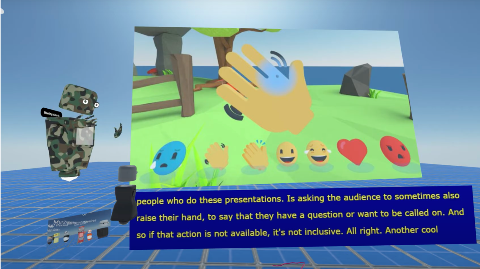 Thomas Logan's avatar stands next to presentation screen with StreamText captions displayed