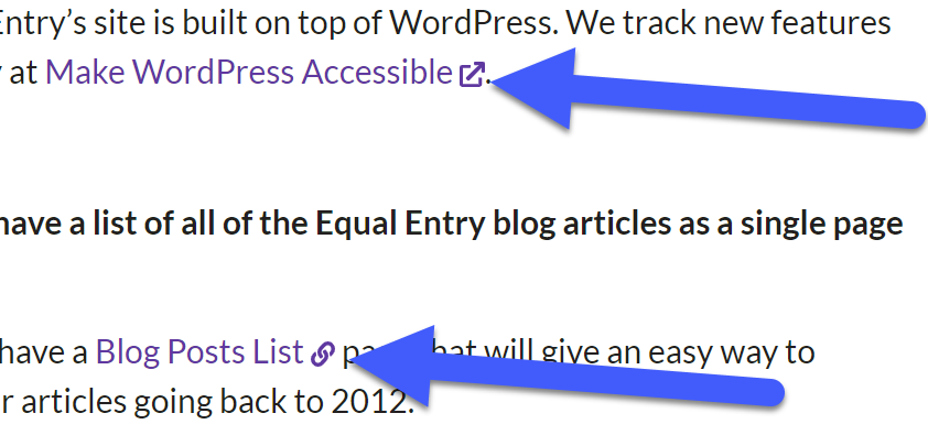 Make WordPress Accessible link is followed by a icon of a box with an arrow pointing to the upper right, Blog Post List link is followed by an icon of 2 interconnected links of chain