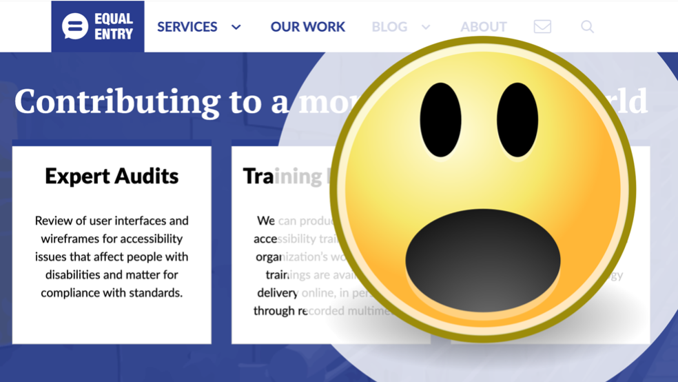 The Equal Entry website with a large surprised emoji displayed on top of it