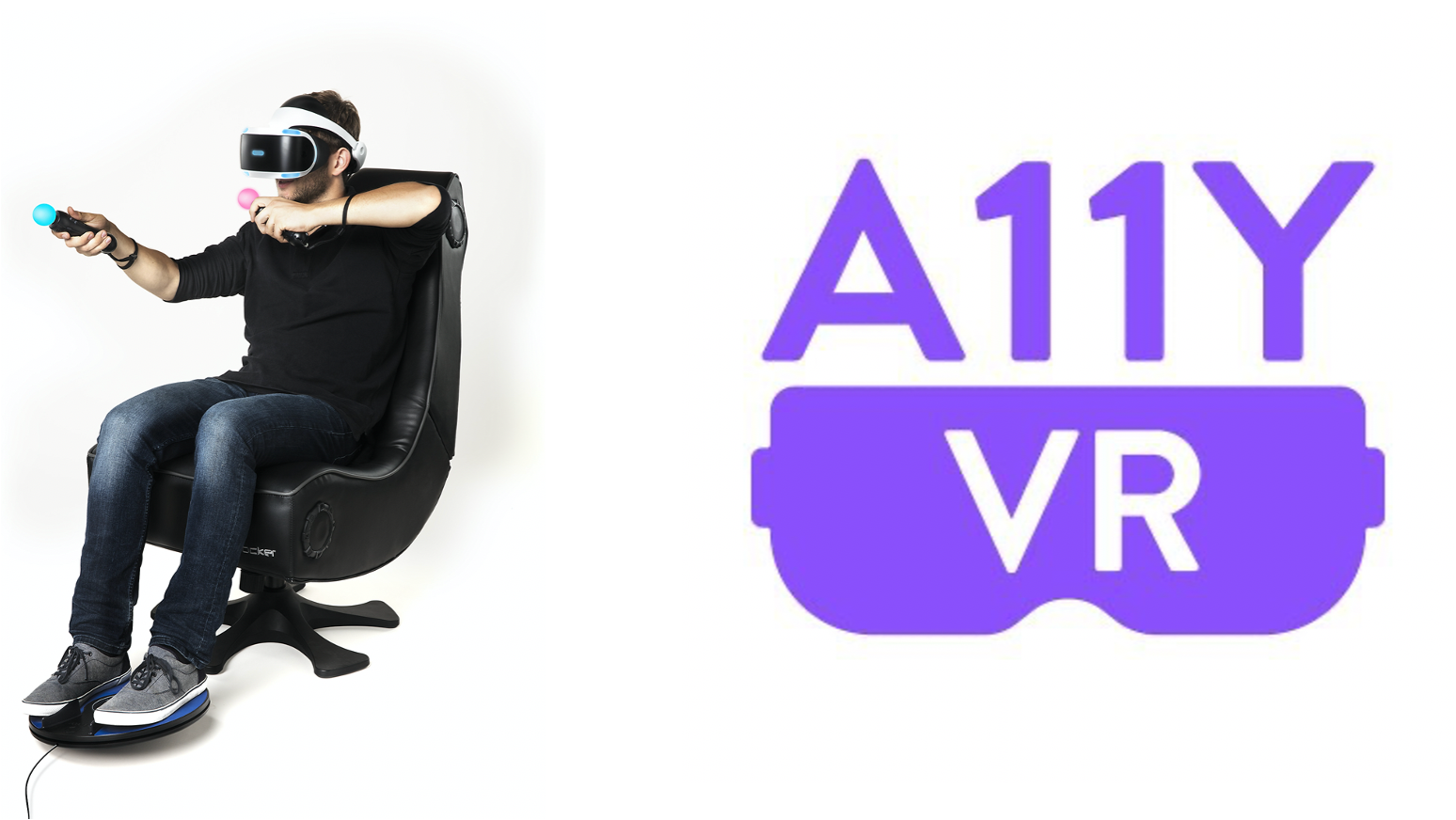 3dRudder Controller showing gamer using PS4 VR Headset controlling the experience with their feet and hands next to A11yVR logo