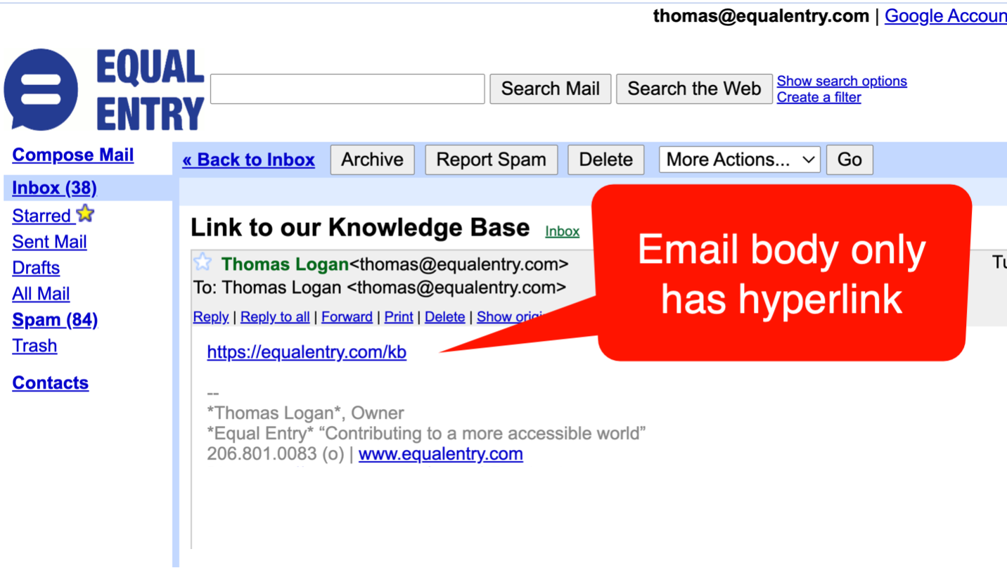 Screenshot of Gmail Basic HTML interface with email pulled up that only contains a hyperlink as the first piece of content in the body of the message