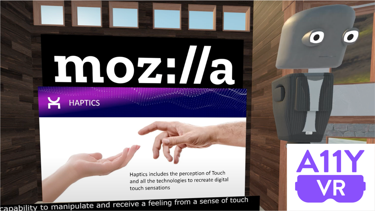Mozilla Hubs Avatar stands in front of presentation slide titled Haptics