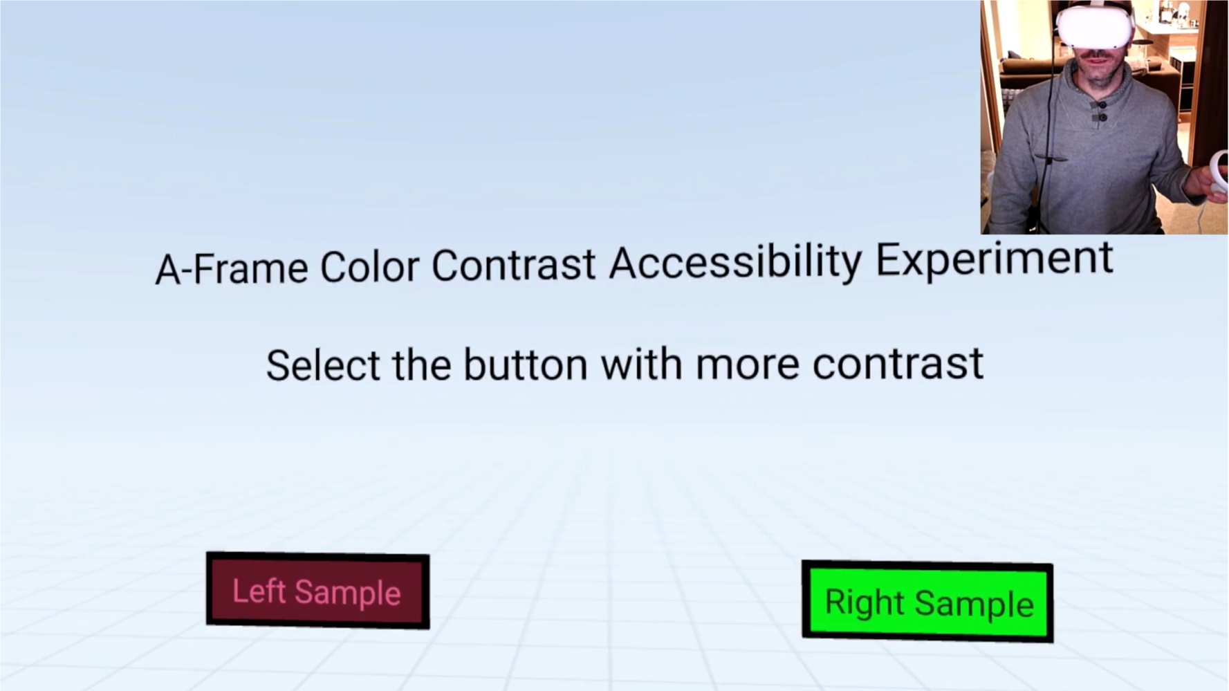 Thomas Logan wears Oculus Quest 2 Headset with A-Frame Color Contrast Accessibility Experiment WebXR page