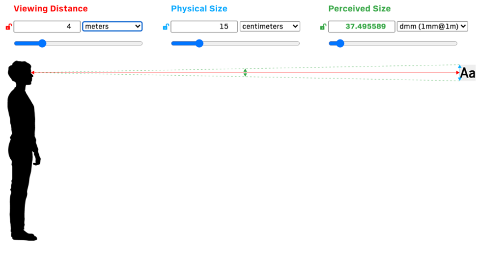 Screen capture from SizeCalc showing calculation for viewing distance, physical size, and perceived size