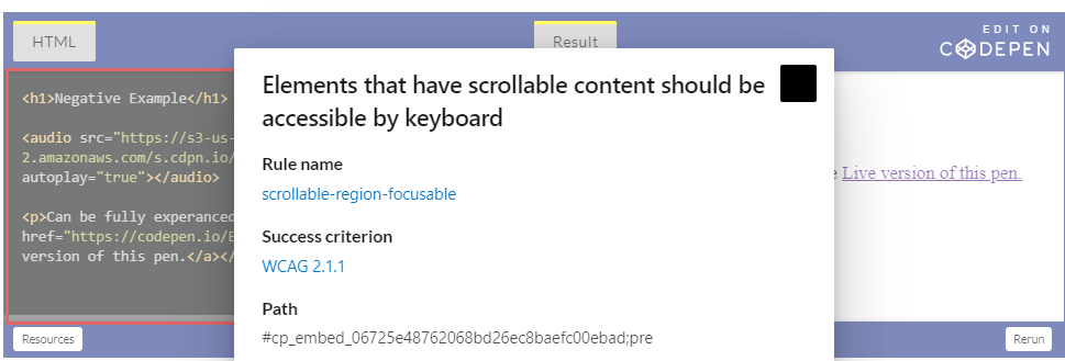 Microsoft Insights for Web showing error “Elements that have scrollable content should be accessible by keyboard"