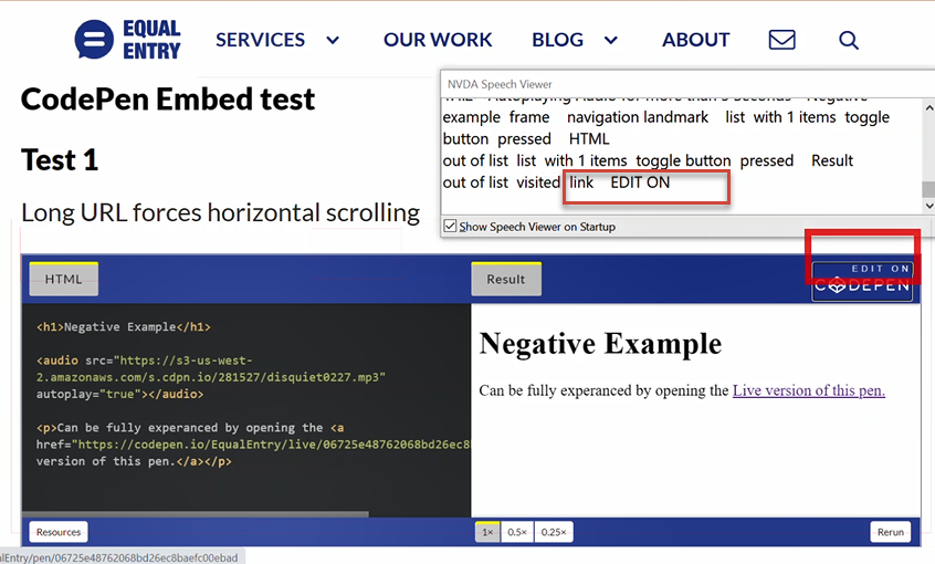 NVDA Speech Viewer showing the Edit On CodePen button being announced as link Edit on