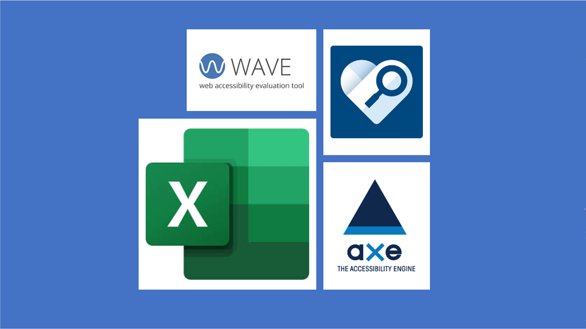 Logos of WAVE, Accessibility Insights, Microsoft Excel, and Deque aXe