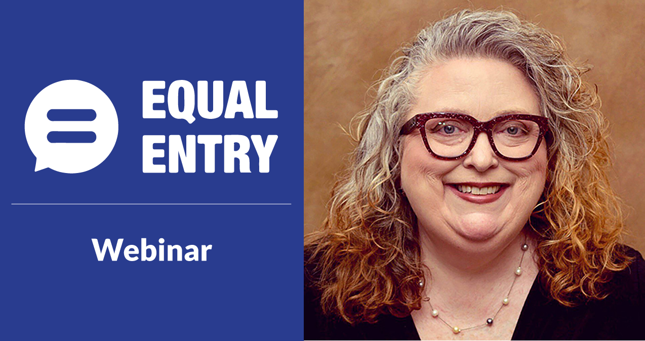Equal Entry Webinar with headshot of Sam Evans wearing sparkly purple glasses