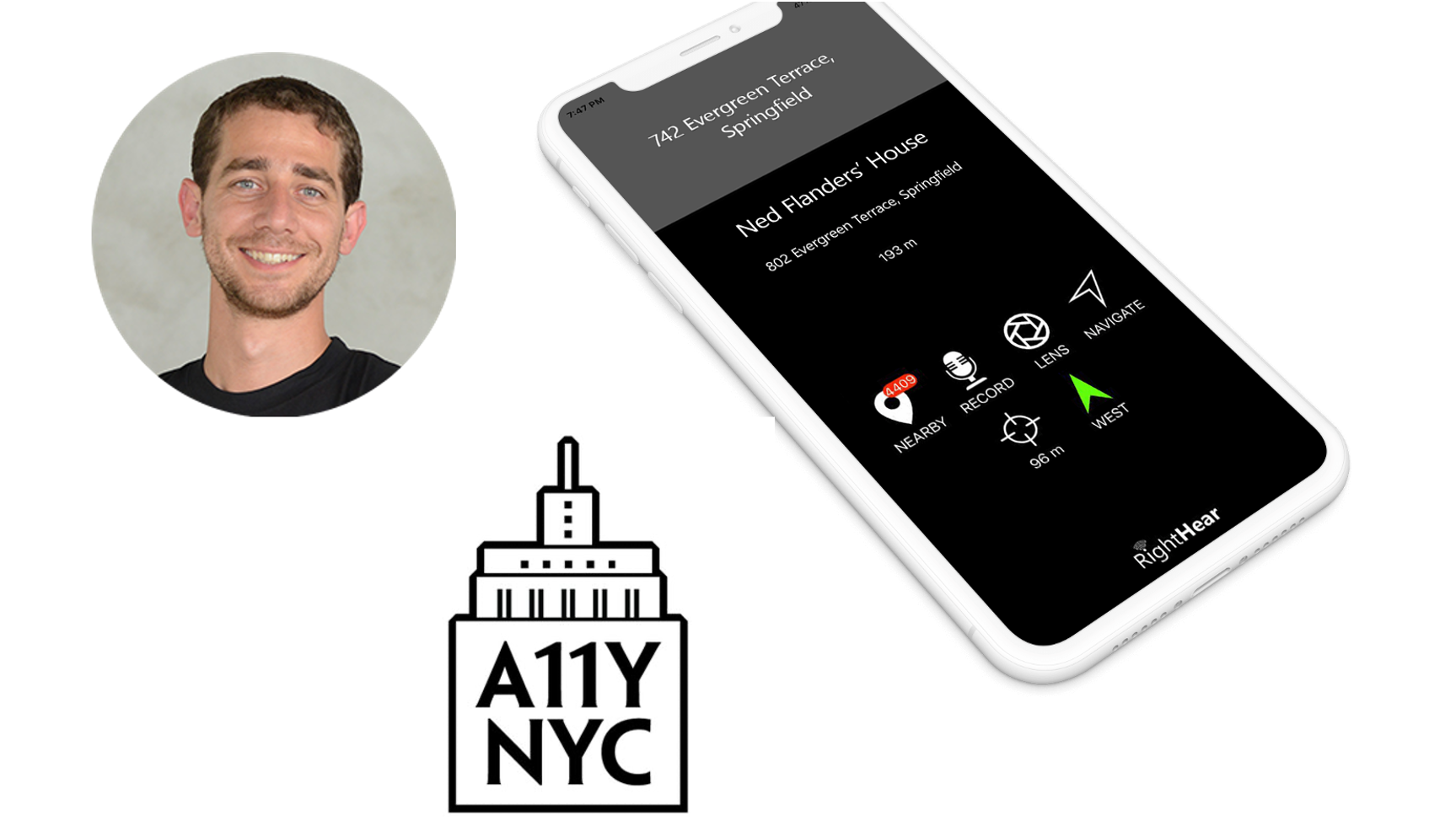 CEO of Right Hear Idan Meir with phone displaying technology and A11yNYC Meetup logo