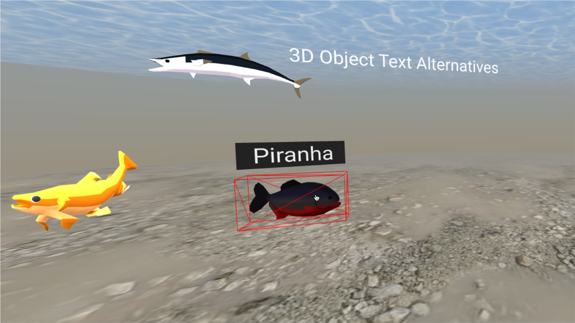 Virtual aquarium displaying three fish, with a piranha 3D object displayed as selected and focused