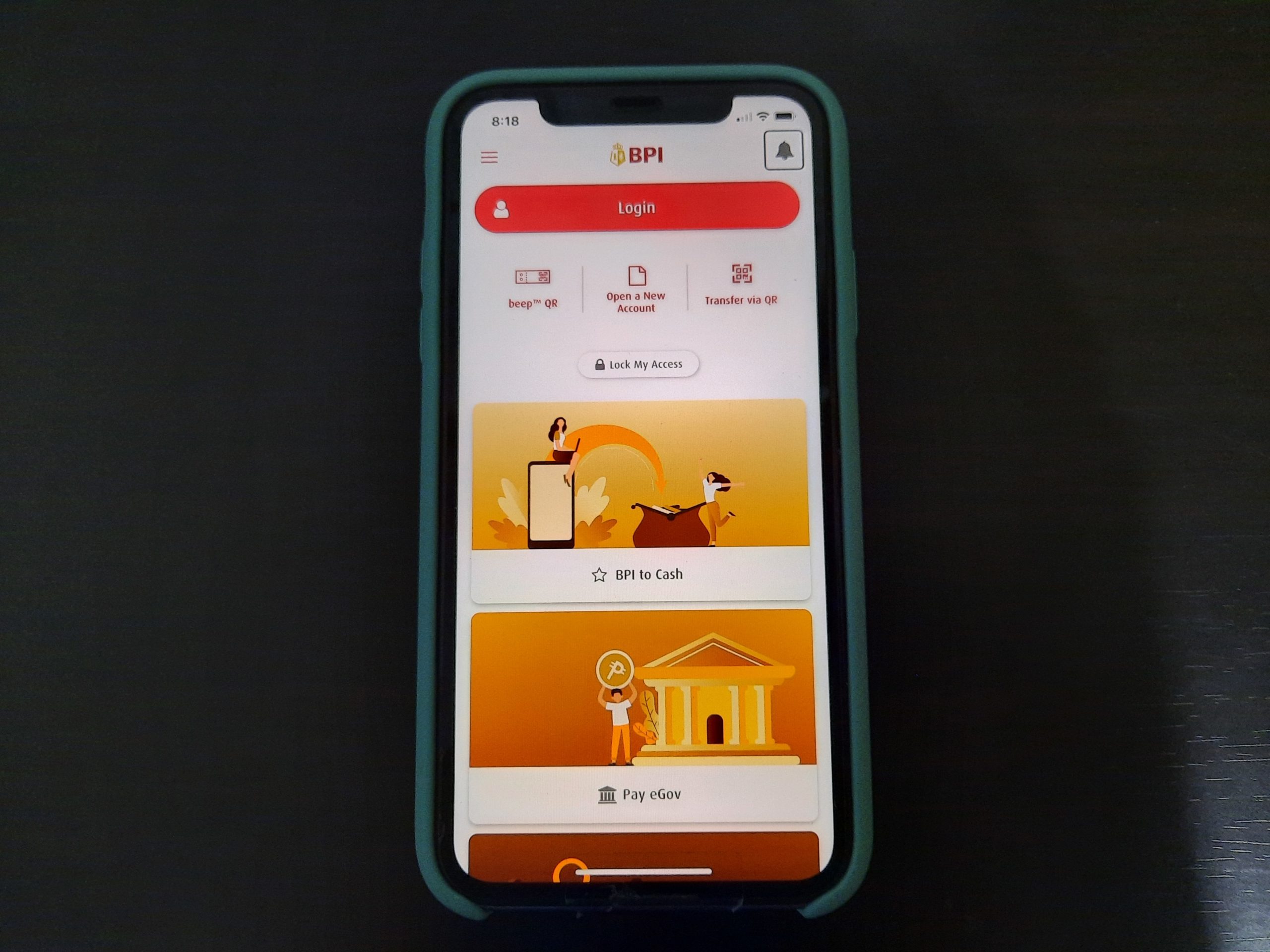 iPhone 11 screen with BPI bank app open