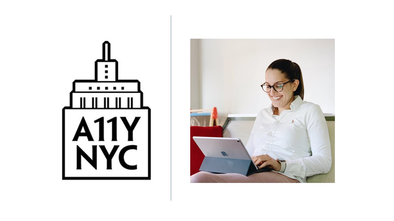 A11yNYC logo with a smiling Cat Noone who sits and works on her iPad