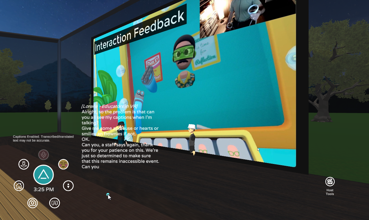 Interaction feedback slide on the screen with two avatars in front of the screen and white captions appear on the scene getting lost in the scene