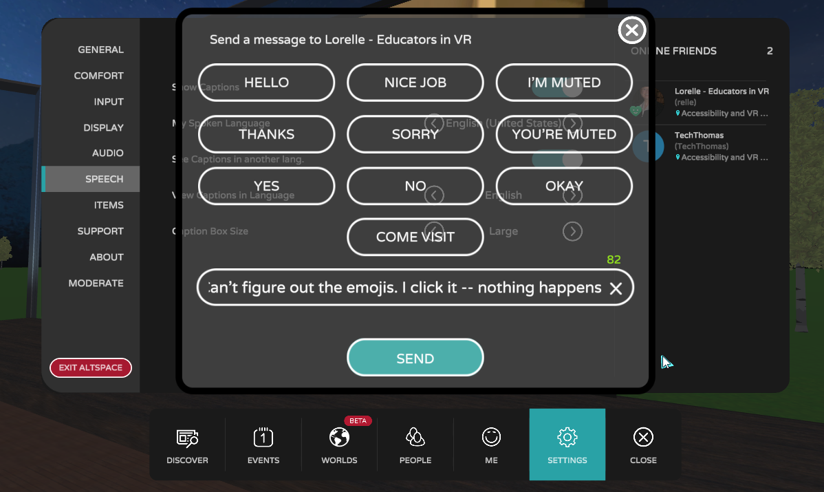Chatbox interface with text options to help send a message