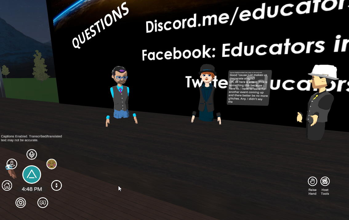 Three avatars stand in front of the screen where translucent bubble captions blend with the screen adding friction to readability