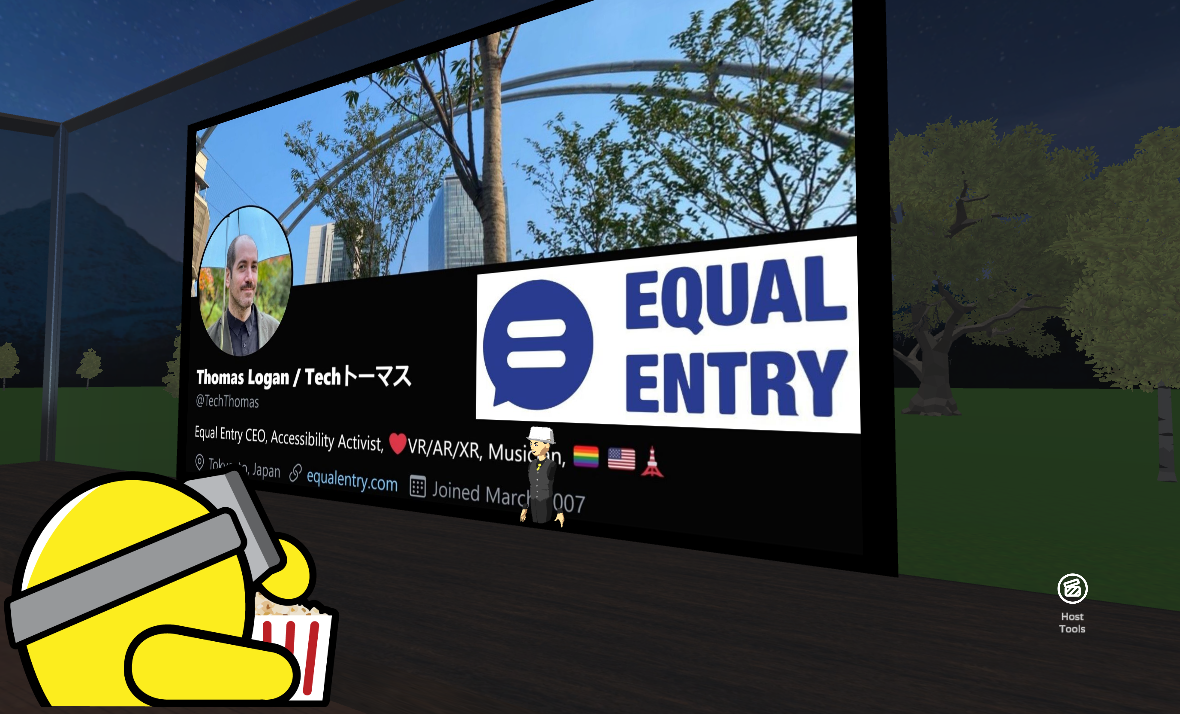 Thomas's avatar stands in front of a large screen with a slide showing his headshot, name, and Equal Entry logo while Knomo wears VR goggles and eats popcorn watches