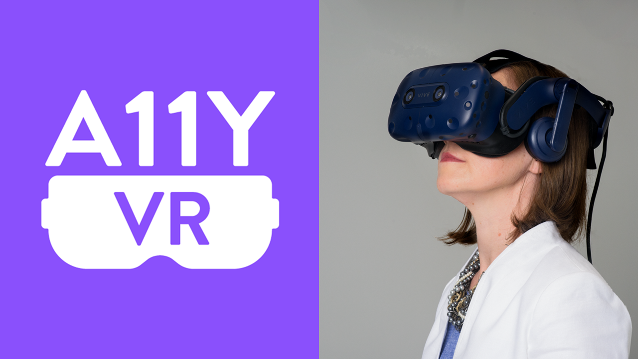 A11yVR with Laura Chadwick who wears blue VR goggles