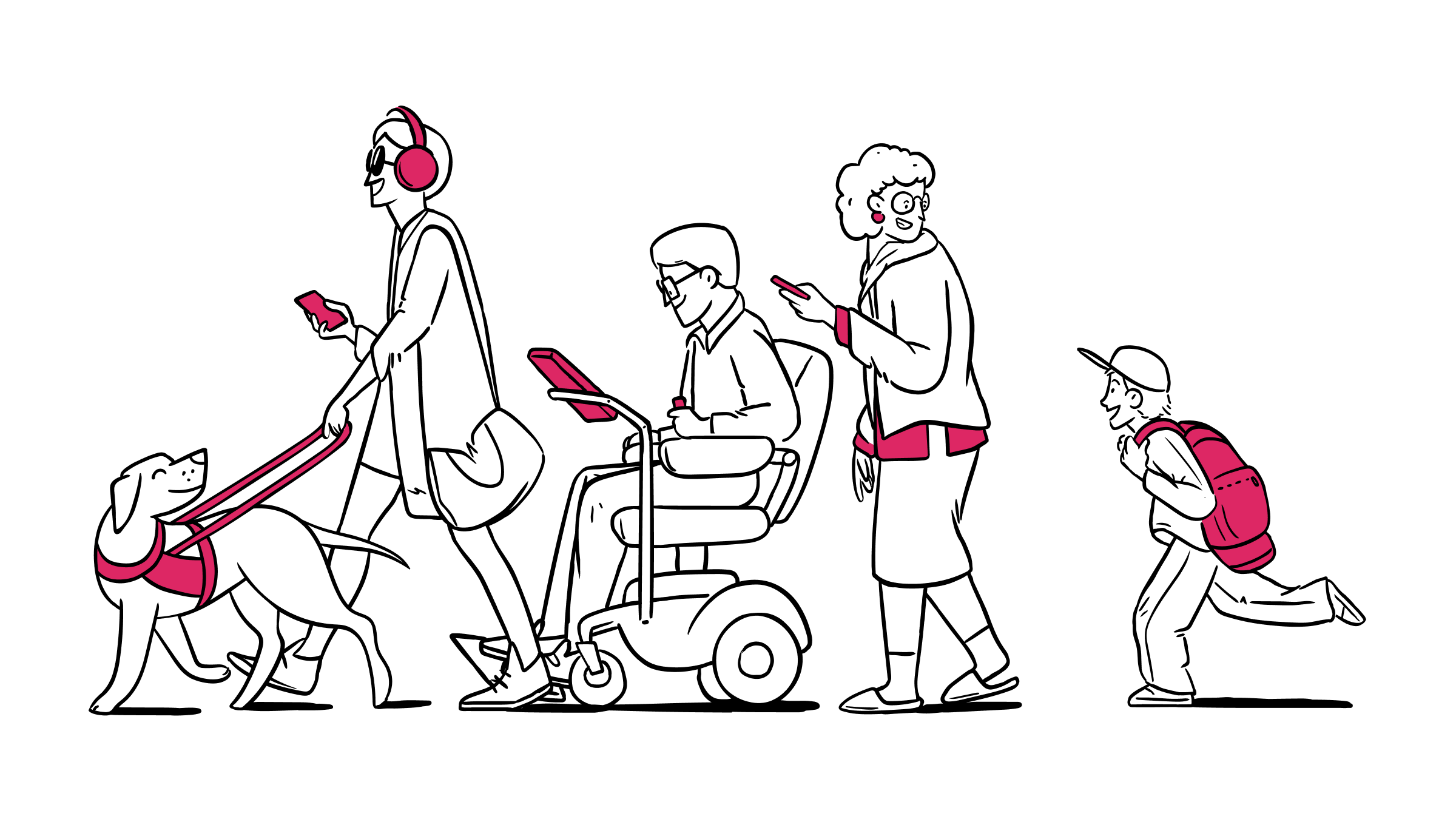 Illustration of person with guide dog, one in a wheelchair, a senior person who looks behind to see a child running
