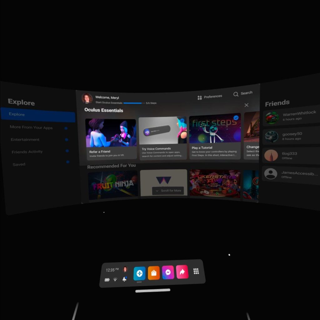 VR screenshot of Oculus Essentials options with "Try Voice Commands"