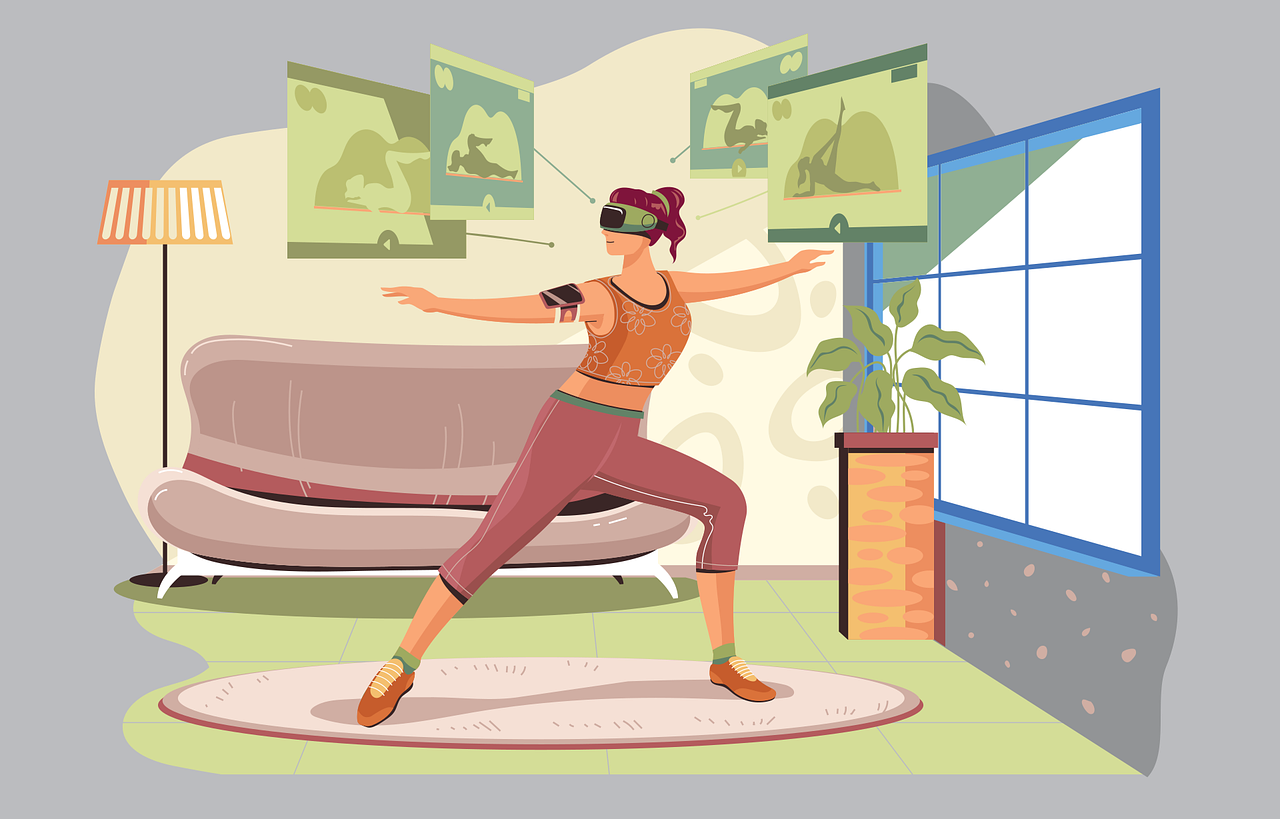 Illustration of woman exercising with VR goggles and four virtual screens