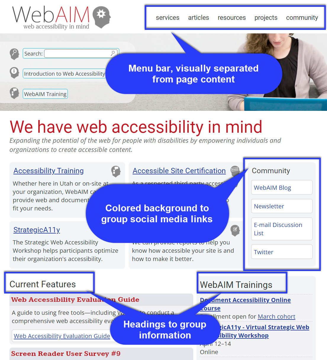 WebAIM home page with its menu bar, colored background to group content together, and headings