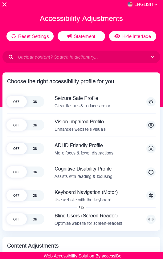 AccessiBe overlay menu with accessibility adjustments