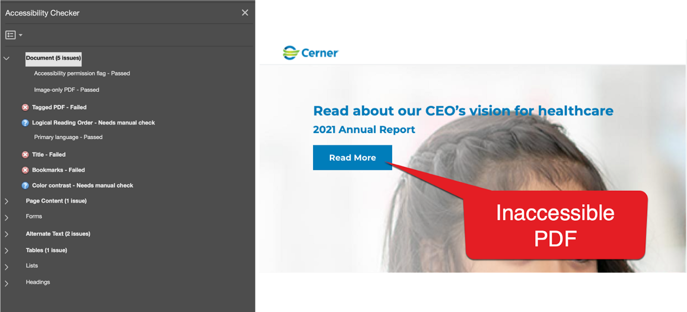 Adobe Acrobat Accessibility Checker Review Shows Numerous Issues in Cerner 2021 Annual Report