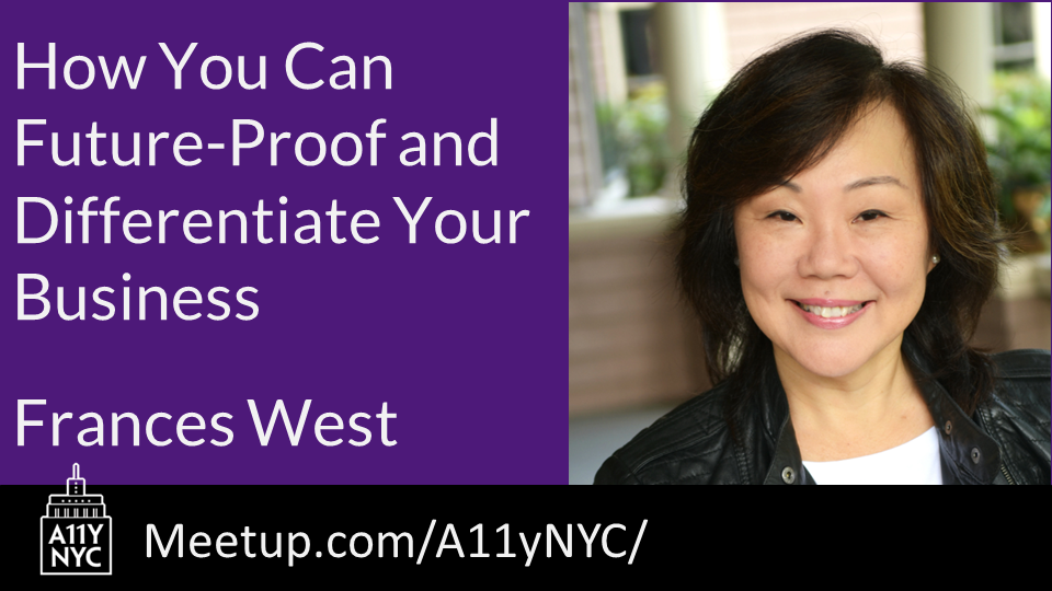"How you can future-proof and differentiate your business" with Frances West, a Chinese woman with short dark hair, white top, and dark jacket.