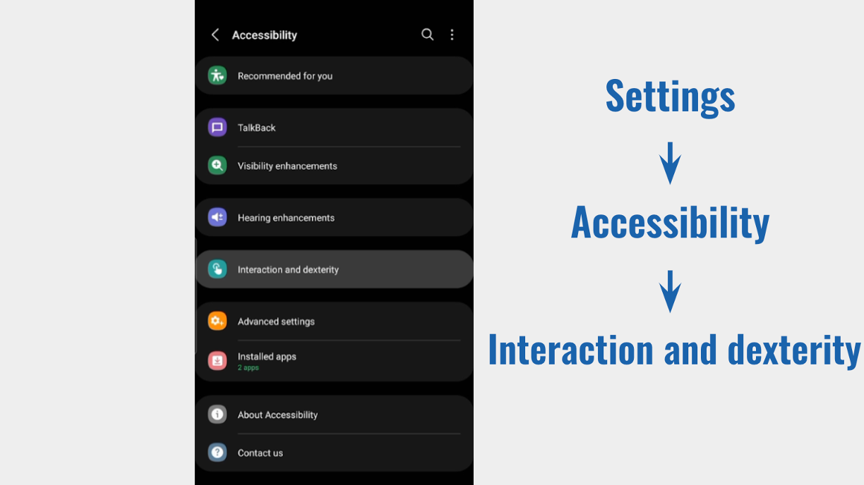 Screenshot of Android Accessibility Settings with interaction and dexterity highlighted