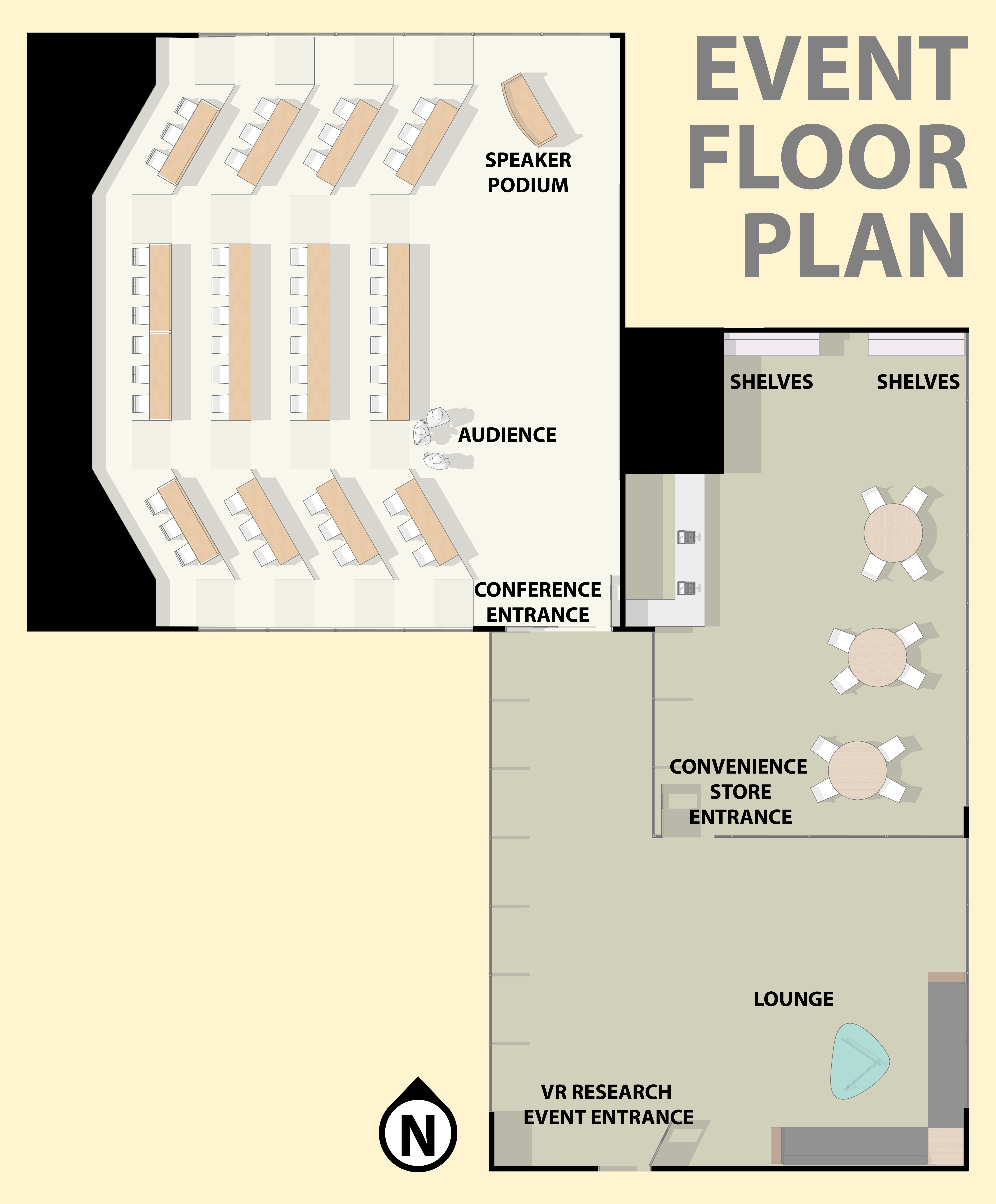 Event floor plan showing event entrance, lounge, and convenience store areas.