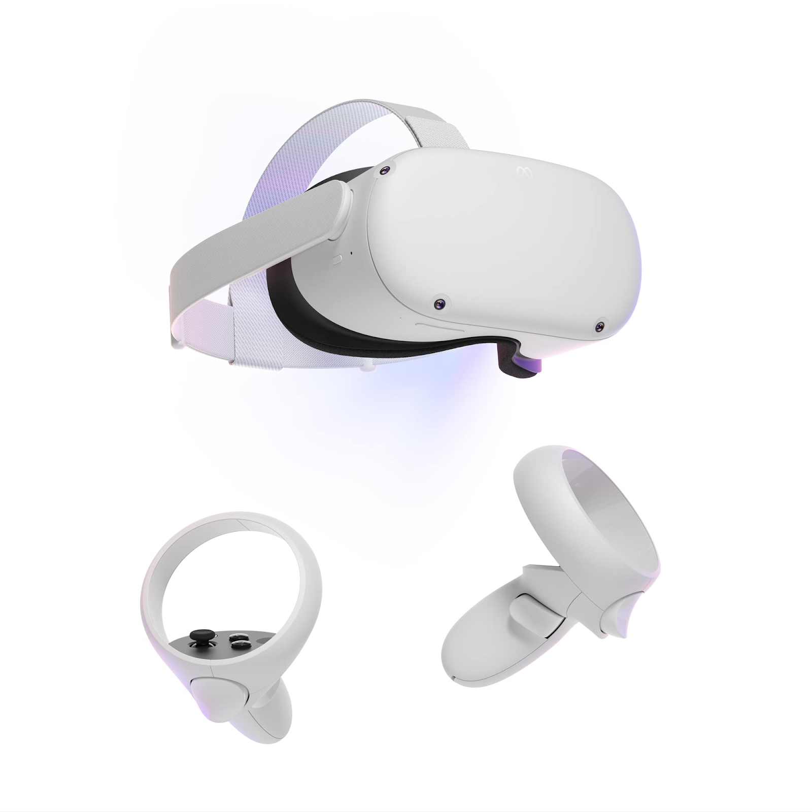 White Oculus headset and two hand controllers floating in the air.